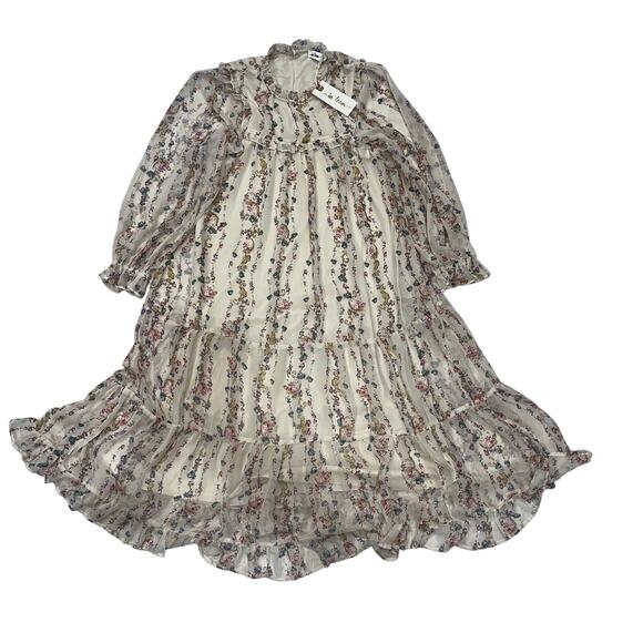 In Loom Women's MD Cream Floral Tiered Chiffon Overlay Babydoll Midi Dress NWT - Picture 2 of 9